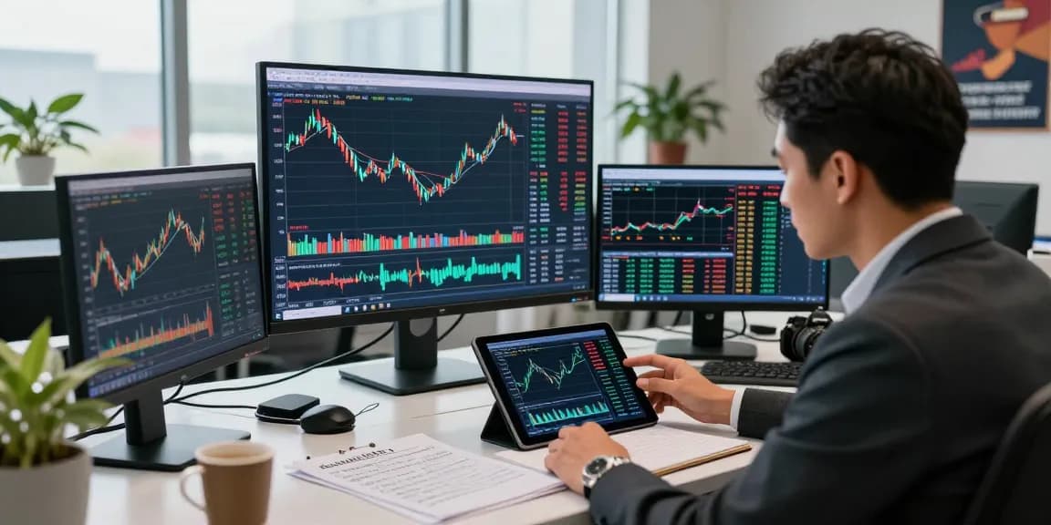 Trader analyzing an oil price live chart in a high-tech office surrounded by multiple monitors.