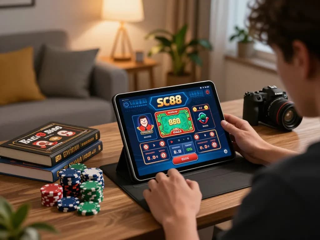 Engaging gameplay on the SC88 casino app during a cozy evening at home, showcasing responsible gambling.