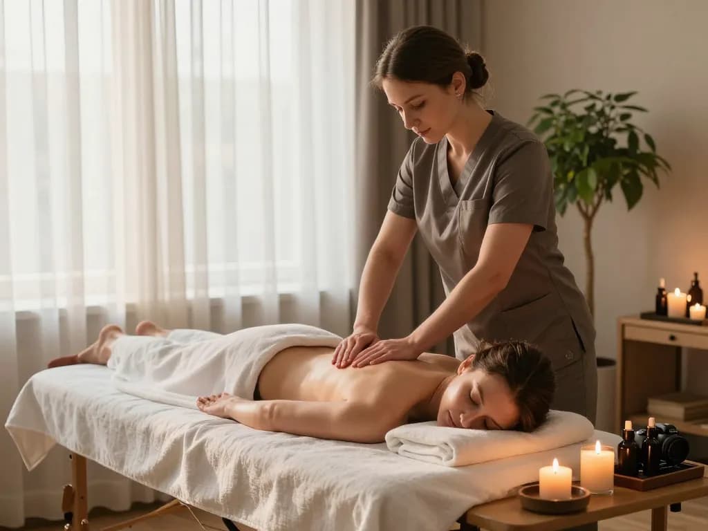 러시아 치료사가 아늑한 분위기에서 편안한 경험을 제공하는 russiamobilemassage.com의 모바일 마사지 세션.