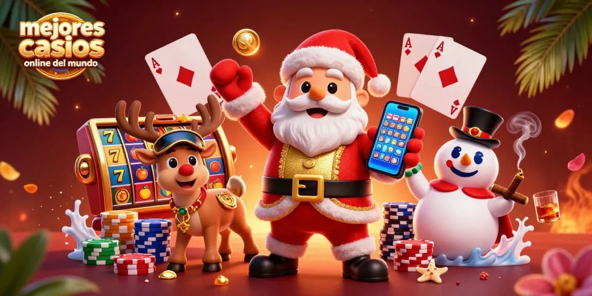 Ilustración 3D de Papá Noel en un casino destacando los mejores casinos online del mundo y juegos de jackpot.