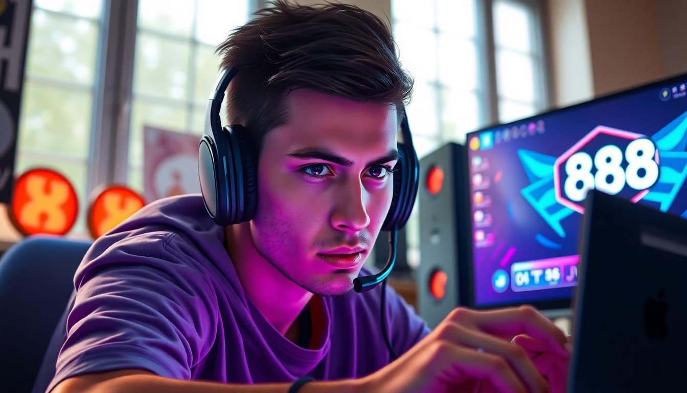 Permainan domino88 link alternatif game yang menarik dengan gamer penuh fokus dan setup gaming berwarna.