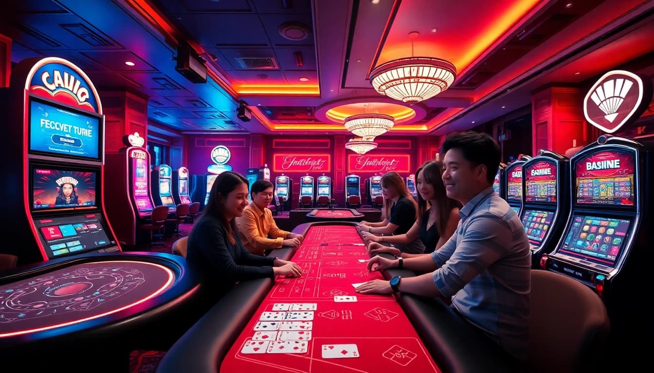 Exciting casino gaming experience showcasing fly88 com with players at tables, vibrant colors, and neon lights.