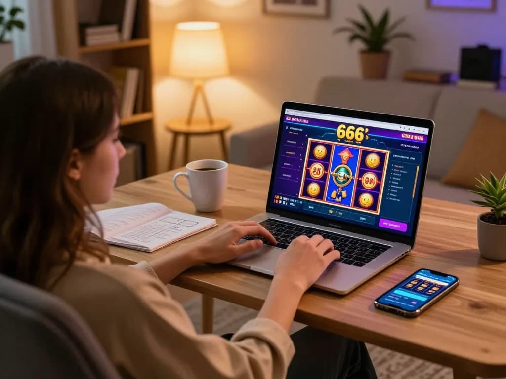 Playing s666 casino games on a laptop in a cozy home setting, showcasing an engaging gaming experience.