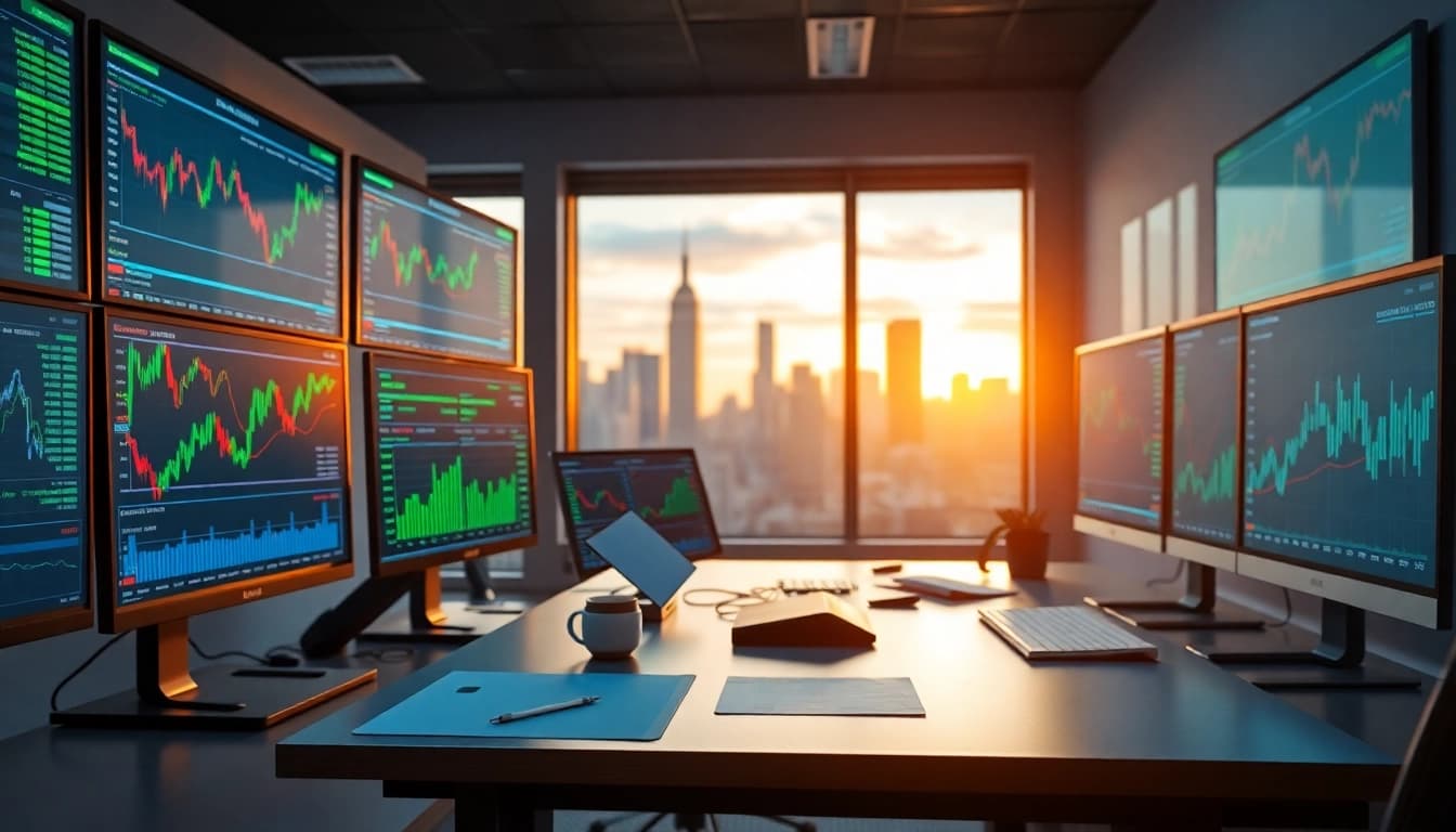 Analyze sway markets through a detailed trading setup with screens showcasing forex data.