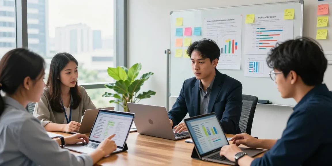 SEO services in Malaysia team collaborating on digital marketing strategies in a modern office.