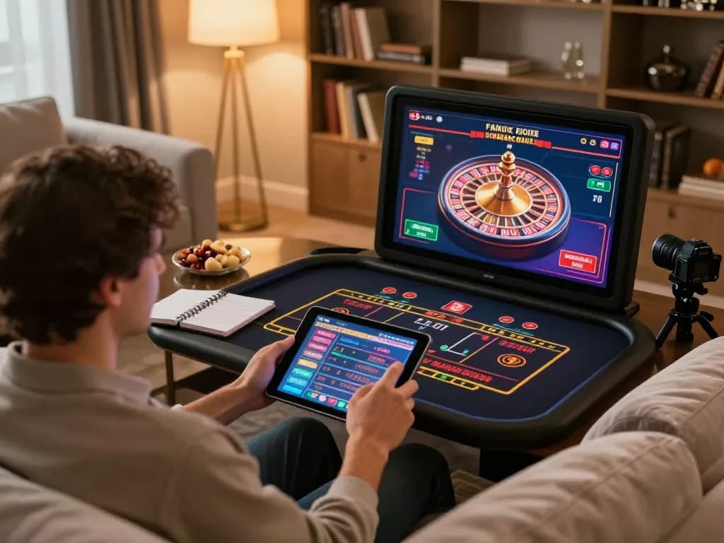 Player enjoying live dealer games on sc888 tablet in warm home setting with snacks and strategies.