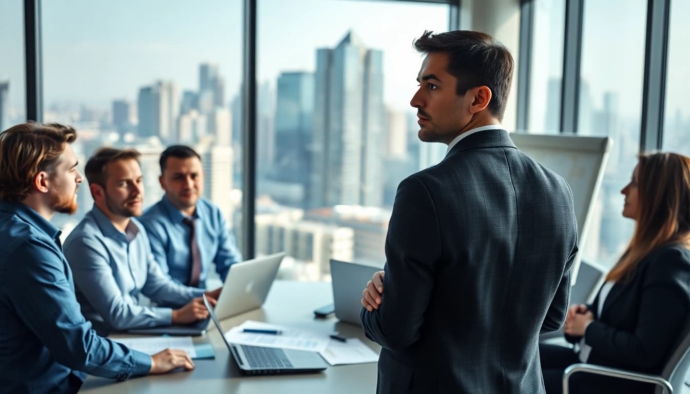 Crisis management consultant strategizing with a team in a modern office environment.