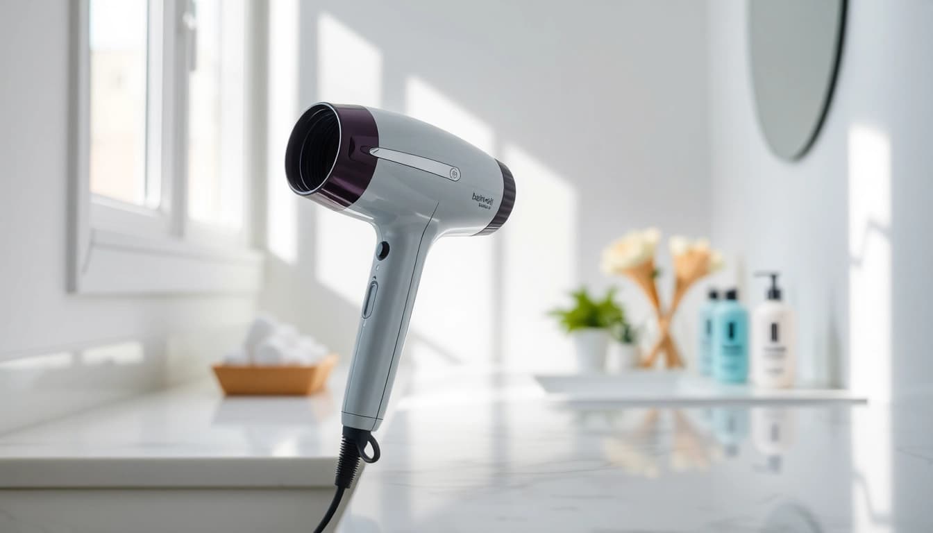 Hair dryer for frizzy hair elegantly showcased in a modern bathroom setting with soft lighting.