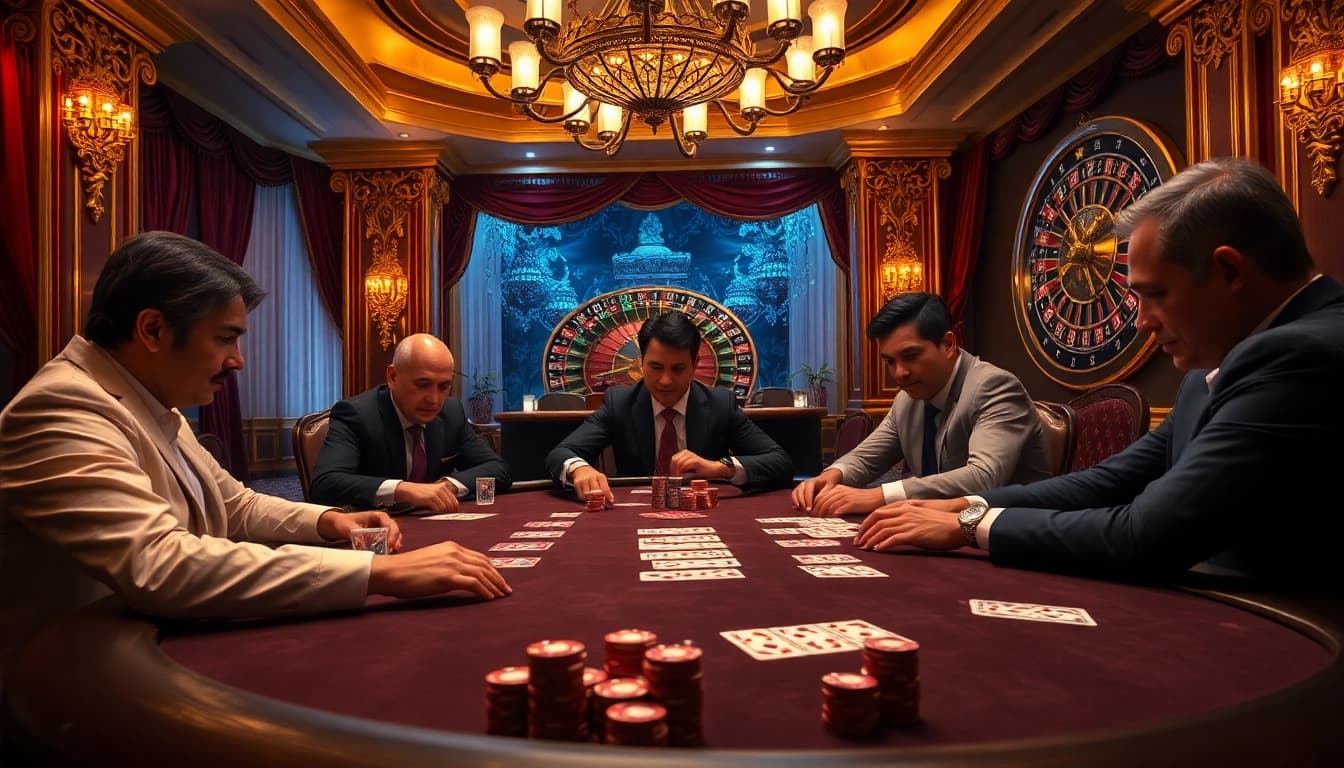 Players engaging in an exciting poker game at a luxurious venue, highlighting s88 vip atmosphere with vibrant chips and cards.