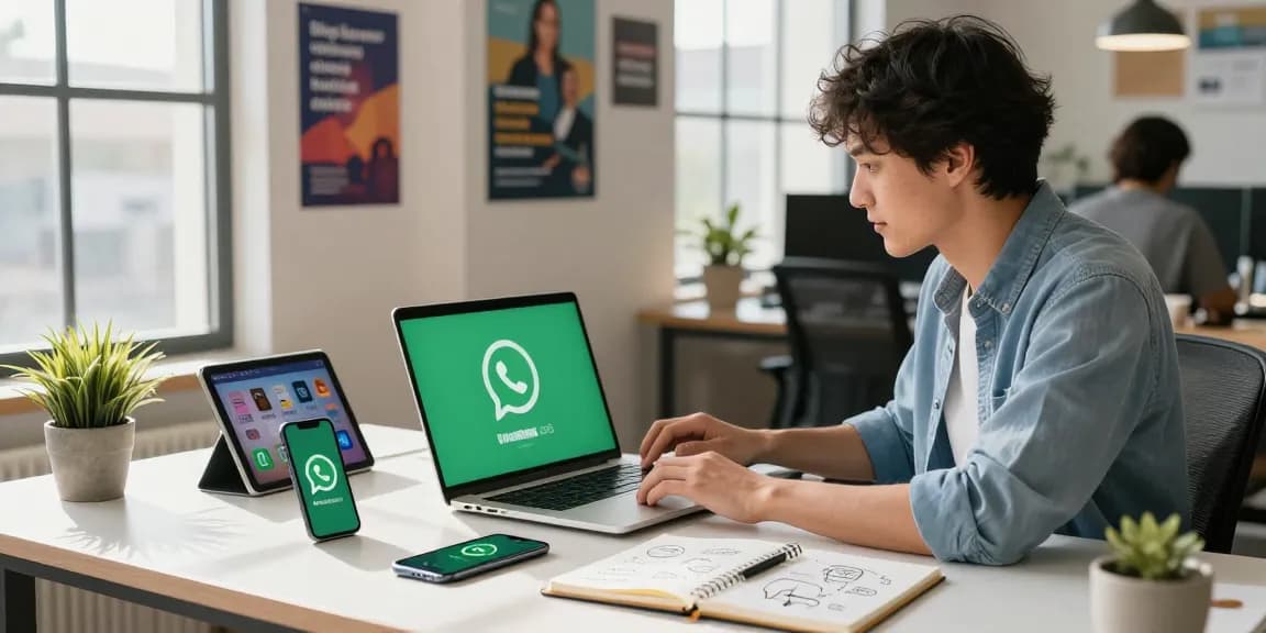 Downloading WhatsApp on a laptop in a modern workspace, showcasing connectivity and productivity.