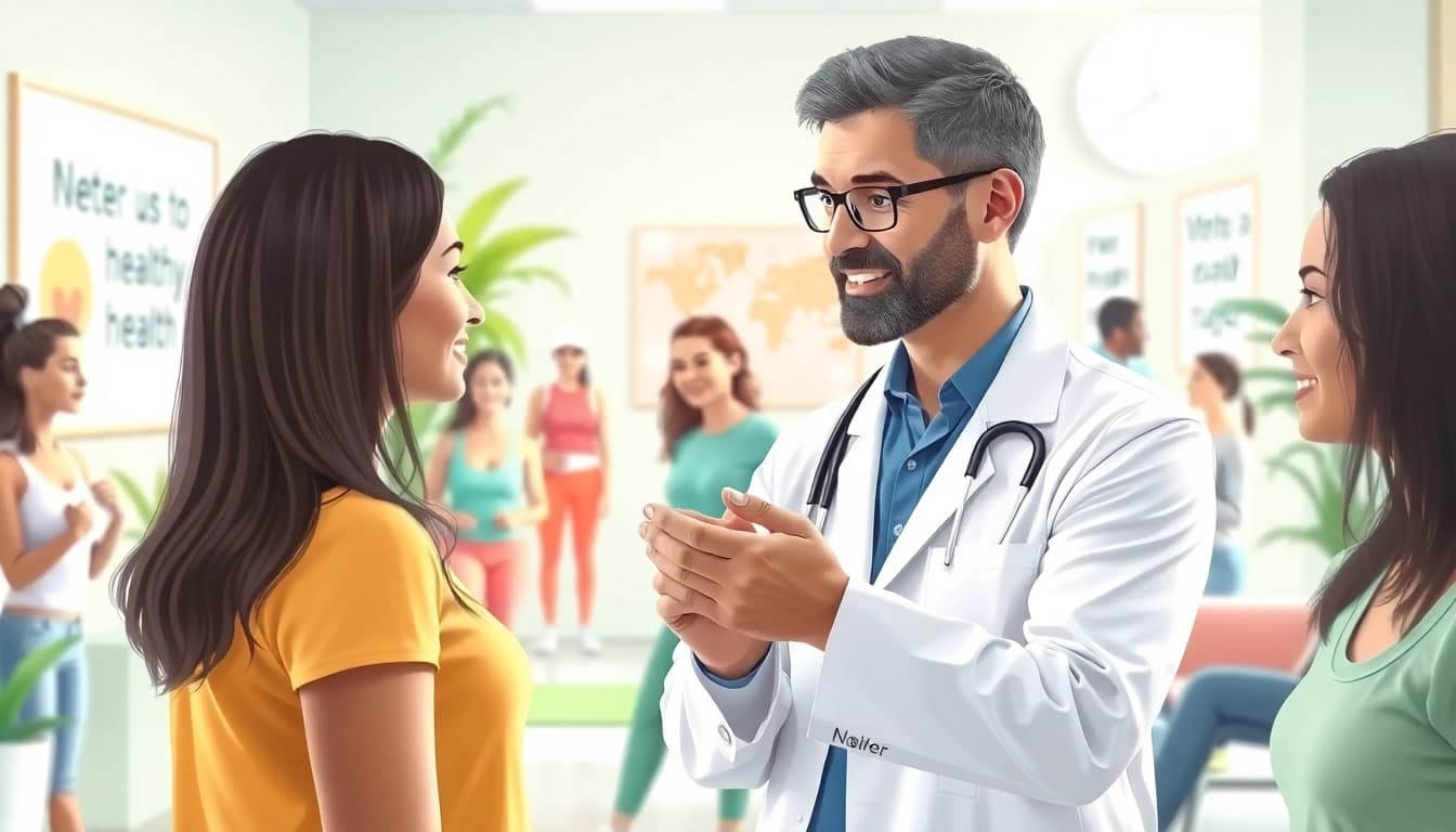 Promote Health: Doctor engaging with patient in a modern clinic for wellness.