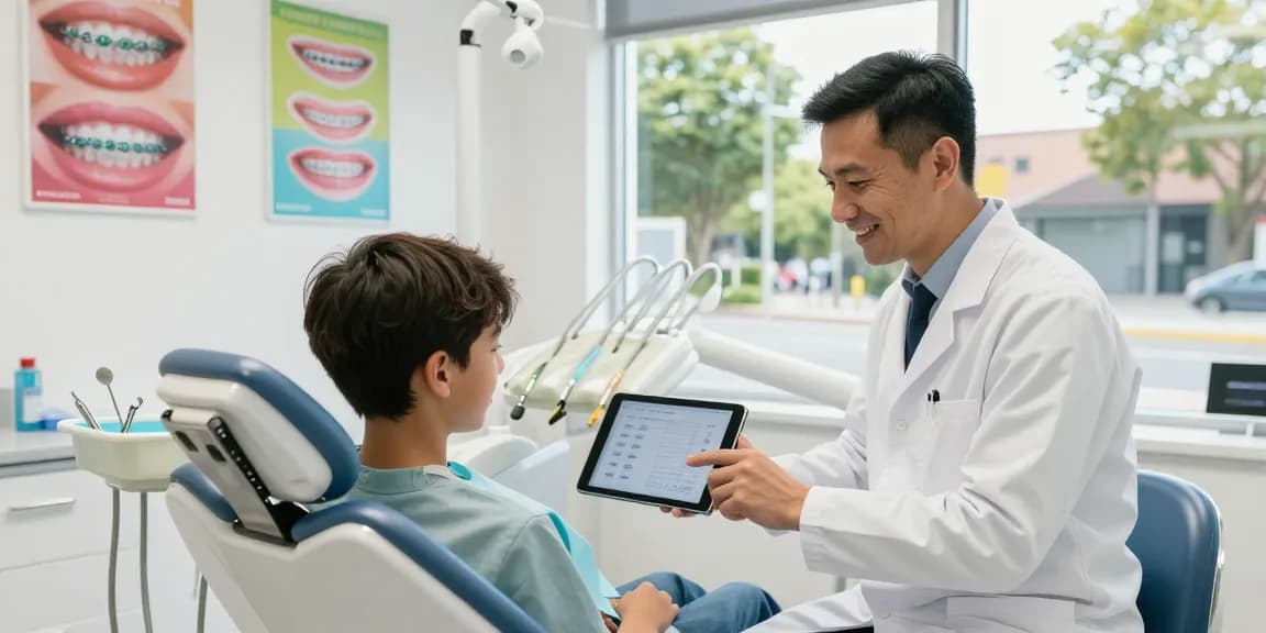 Kids orthodontic assessment Hawthorn in a bright orthodontic clinic, orthodontist engaging with a teenager.