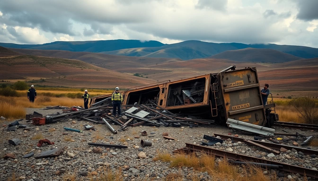 The aftermath of the spain train crash shows emergency responders amidst wreckage.