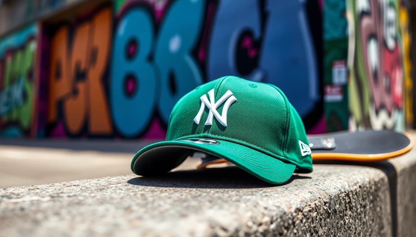 Visibilidad de la gorra new era verde con diseño elegante en un entorno urbano vibrante.
