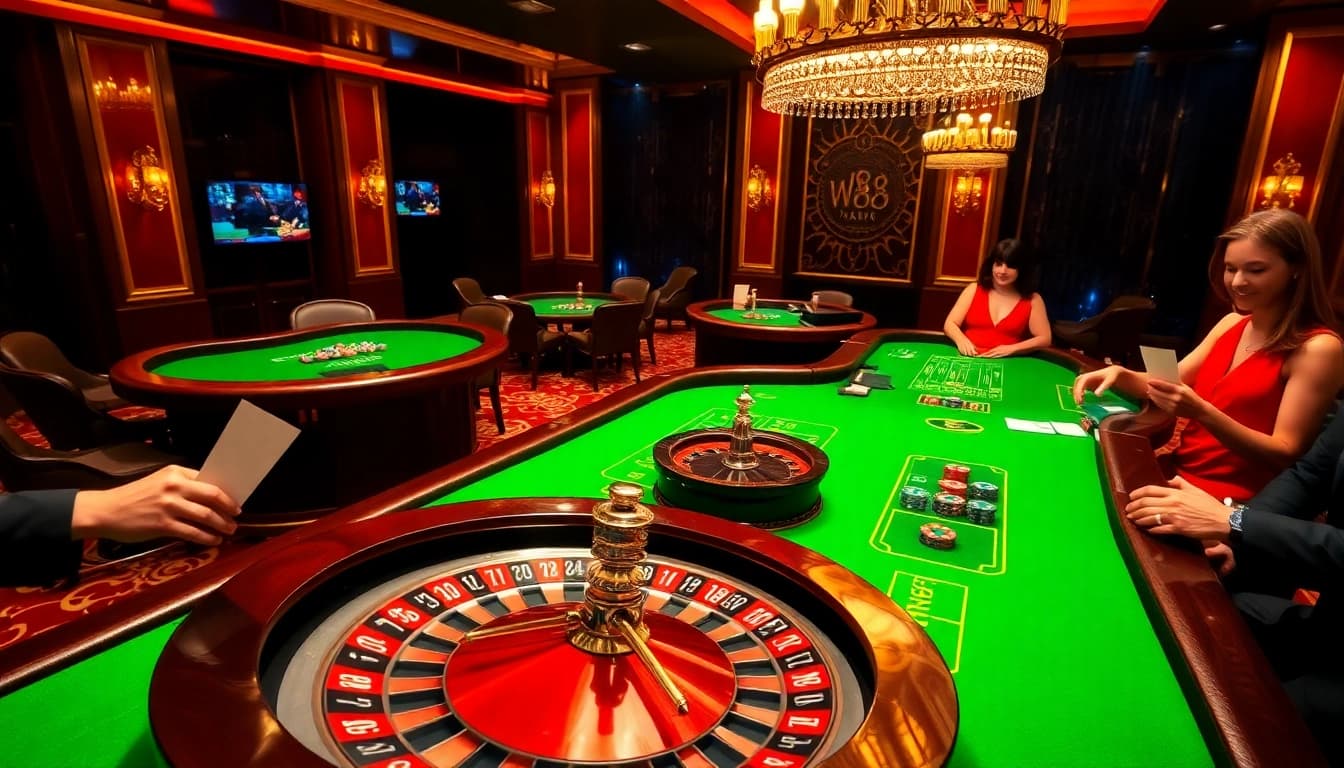 Những người chơi cược cao đang tận hưởng trải nghiệm casino đầy kích động trên bàn chơi sang trọng của W88.