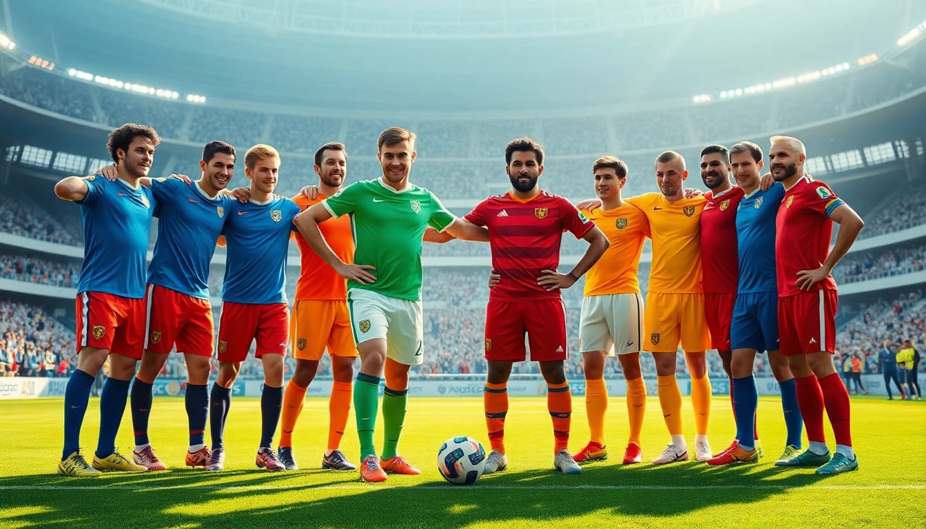 Cheerful players showcasing team football kits during a dynamic huddle on the field.
