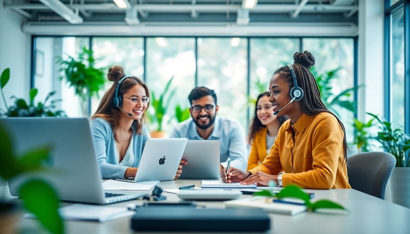 Engaging team using a cloud based phone system during a video conference in a modern office.