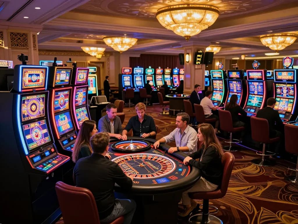 Exciting gaming scene at Nhà cái MM88 casino with players at roulette table and colorful slot machines