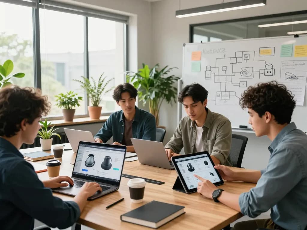 Developers collaborating on 3D product configurator software in a modern office.