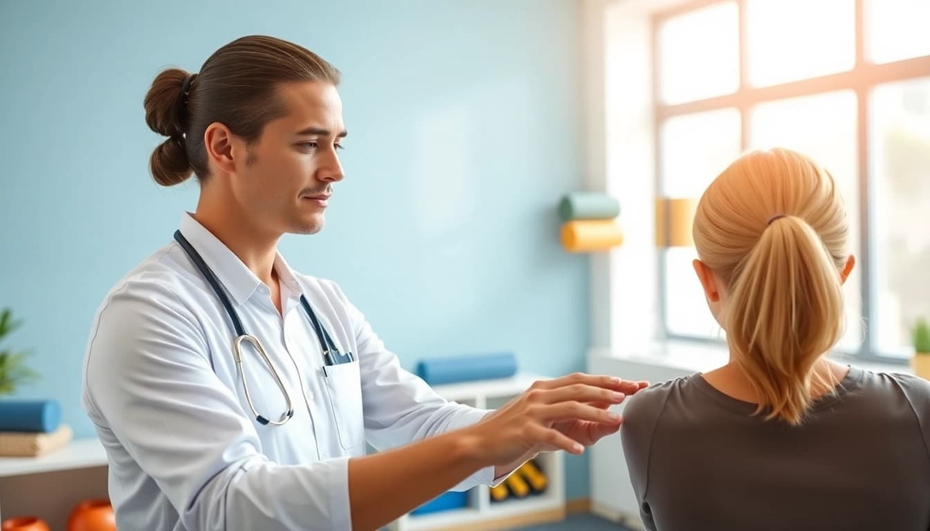 Showcasing effective back pain remedies through a physiotherapist's demonstration in a calming clinic.