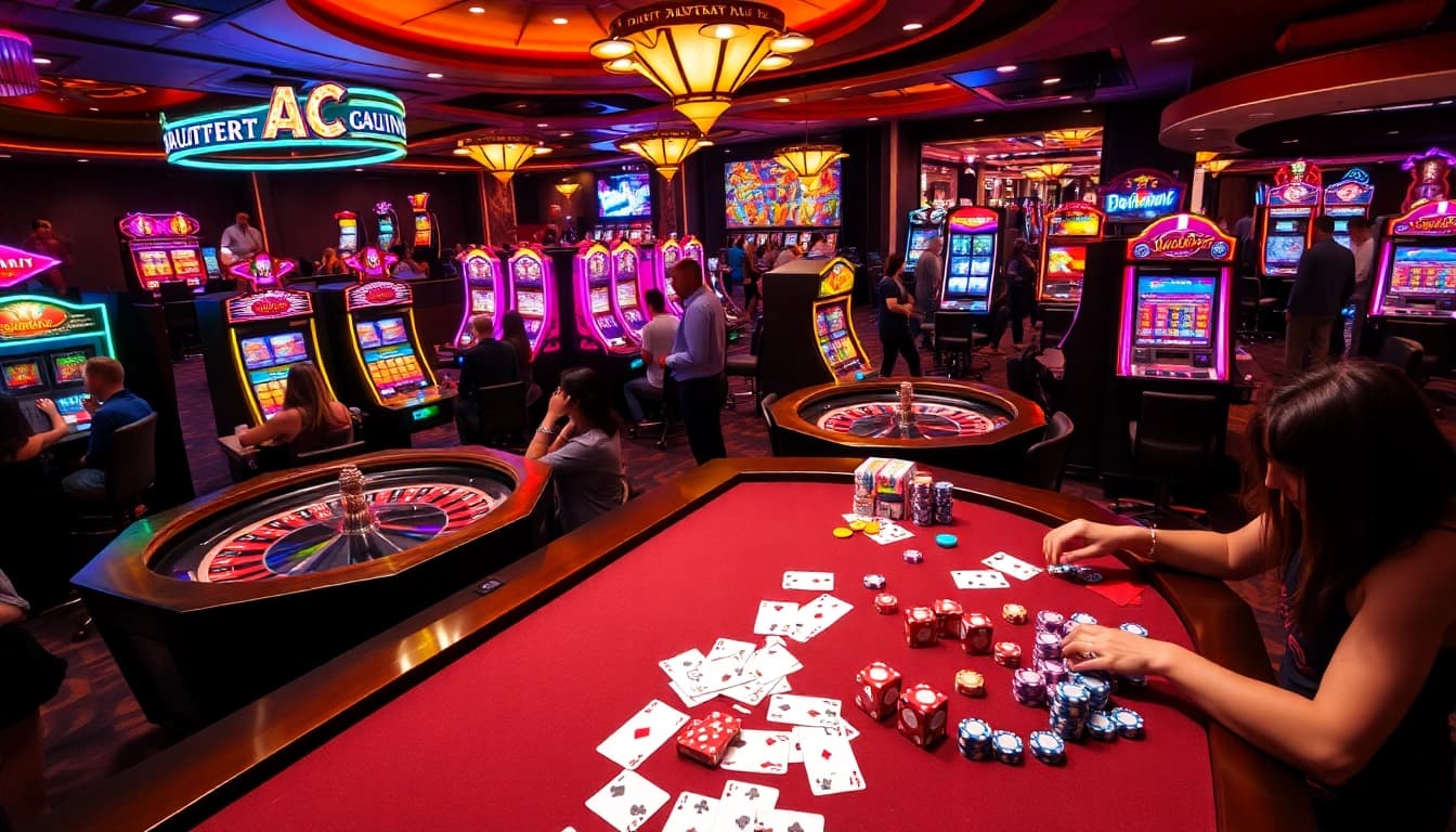 A lively gambling scene featuring players around casino tables, cards, and KJC AC 3 branding elements.