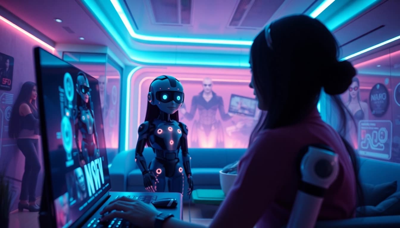 NSFW AI: Immersive digital landscape showcasing interactive AI characters in a futuristic environment.