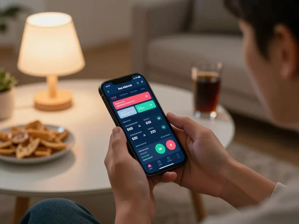 Người dùng hào hứng đặt cược qua kèo nhà cái m88 trên điện thoại thông minh trong phòng khách ấm cúng.