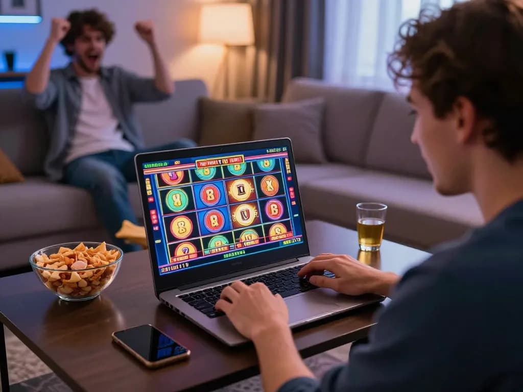 Engaging online gaming session with bonus new member excitement while playing slots on a laptop in a cozy setting.