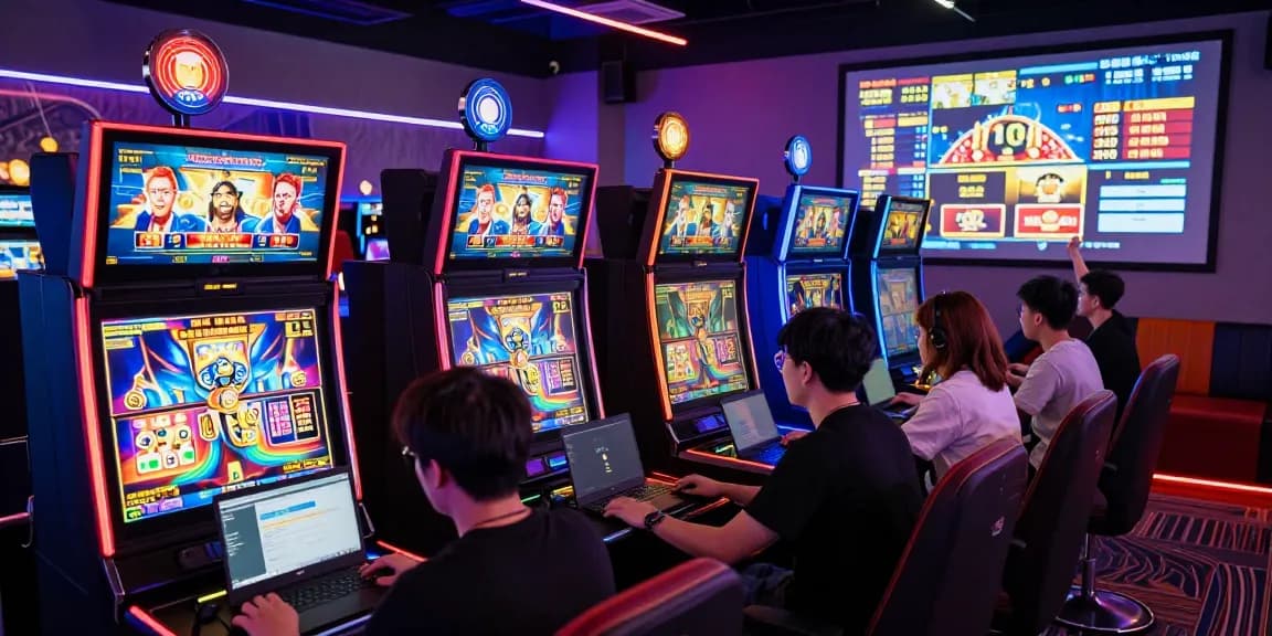 Players enjoying GARUDA303 online slot games in a vibrant gaming lounge.