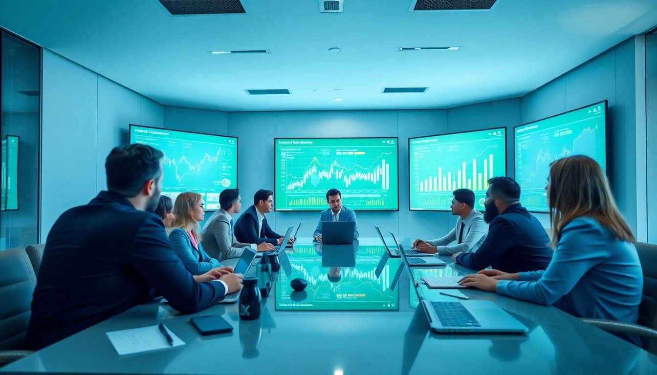 Display of Competitive intelligence data in a business meeting, featuring diverse professionals.