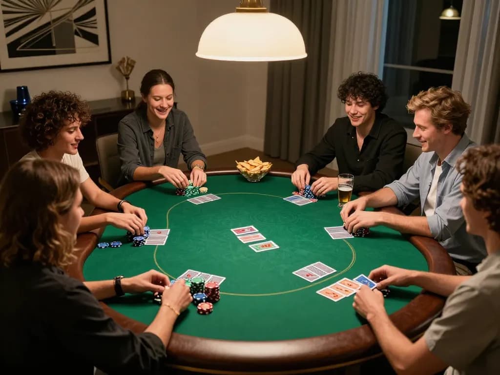 Engage in thrilling poker gameplay at ev99 com, surrounded by friends in a stylish home setting