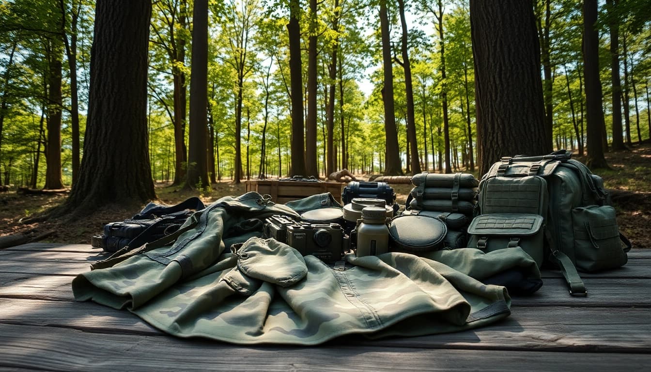 Bekijk goedkope camouflage print patronen op militaire uitrusting in een natuurlijke omgeving.