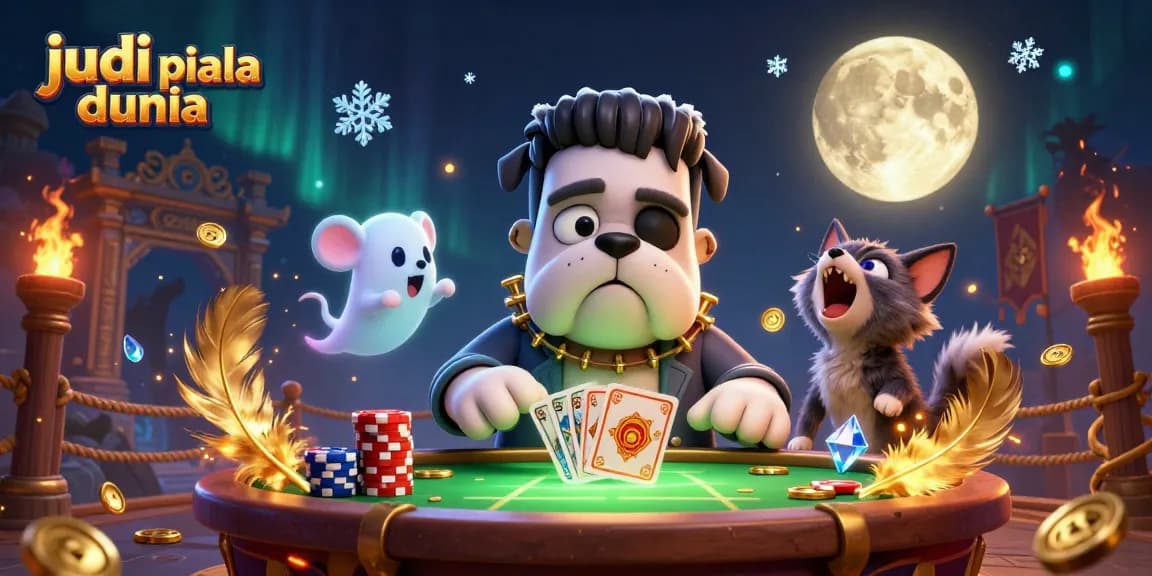 Experience judi piala dunia excitement with our lively illustration of characters, cards, and betting action.