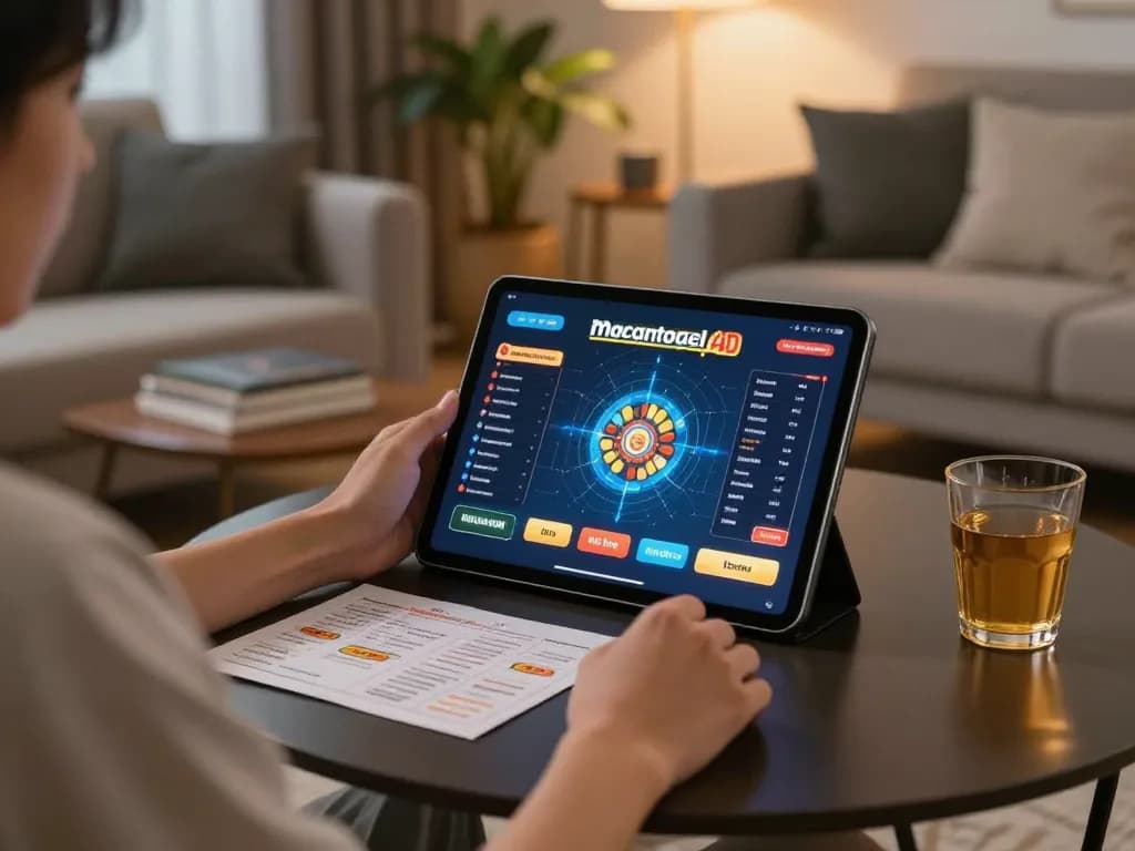 Player engaging in macantogel 4d online game from cozy living room with strategy notes.