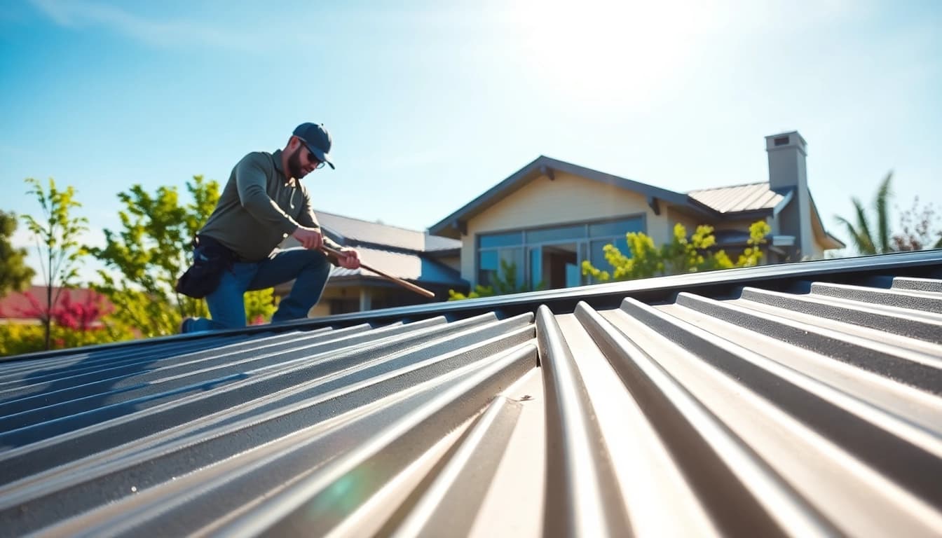 Metal roofing calgary showcased on a modern home with an installer securing panels.