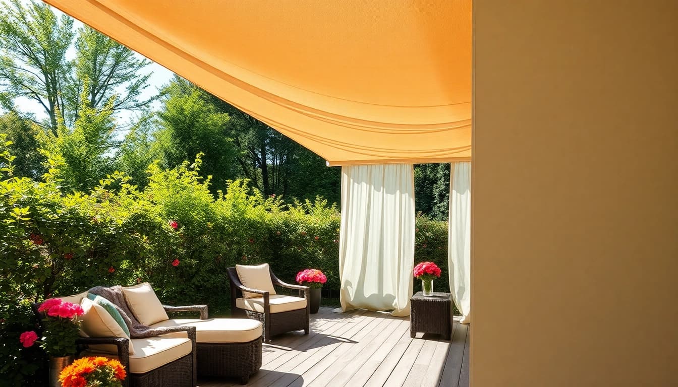 Showcasing Outdoor Shades that provide elegance and shade in a bright, inviting backyard.