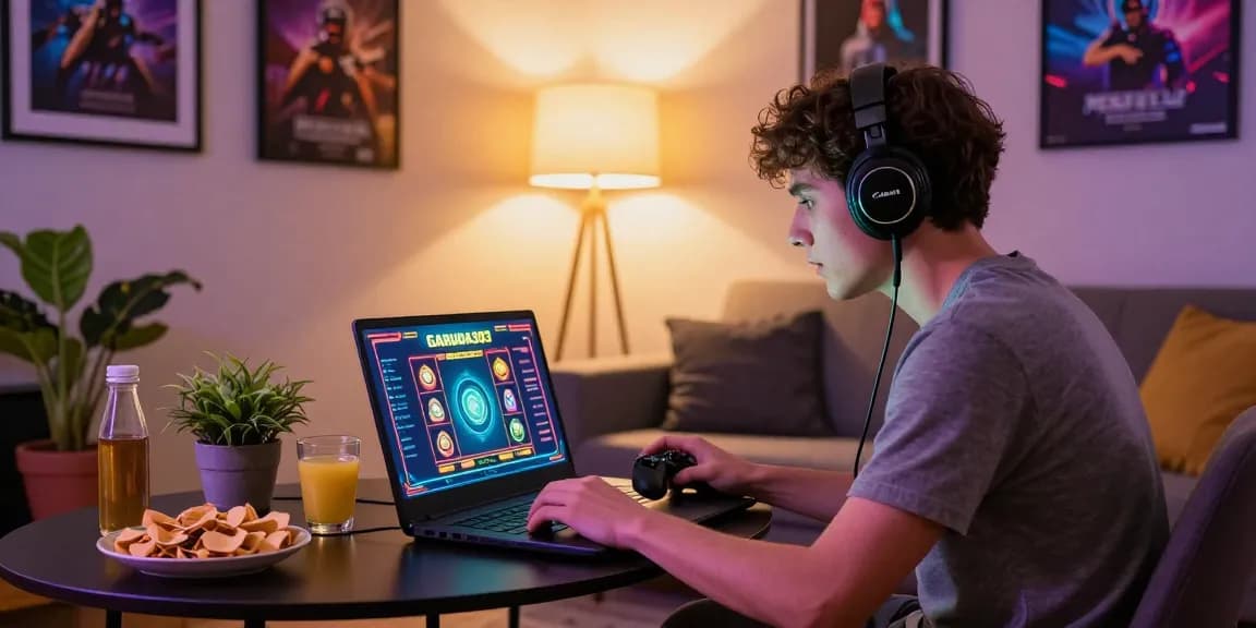 Player immersed in GARUDA303 online slot game in cozy living room.