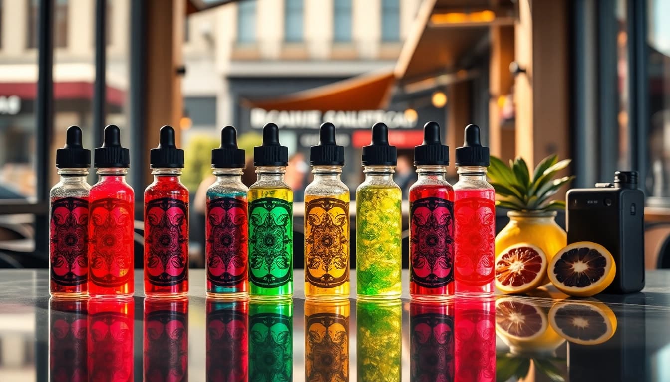 Vaping liquid displayed with colorful bottles in a modern café setting.