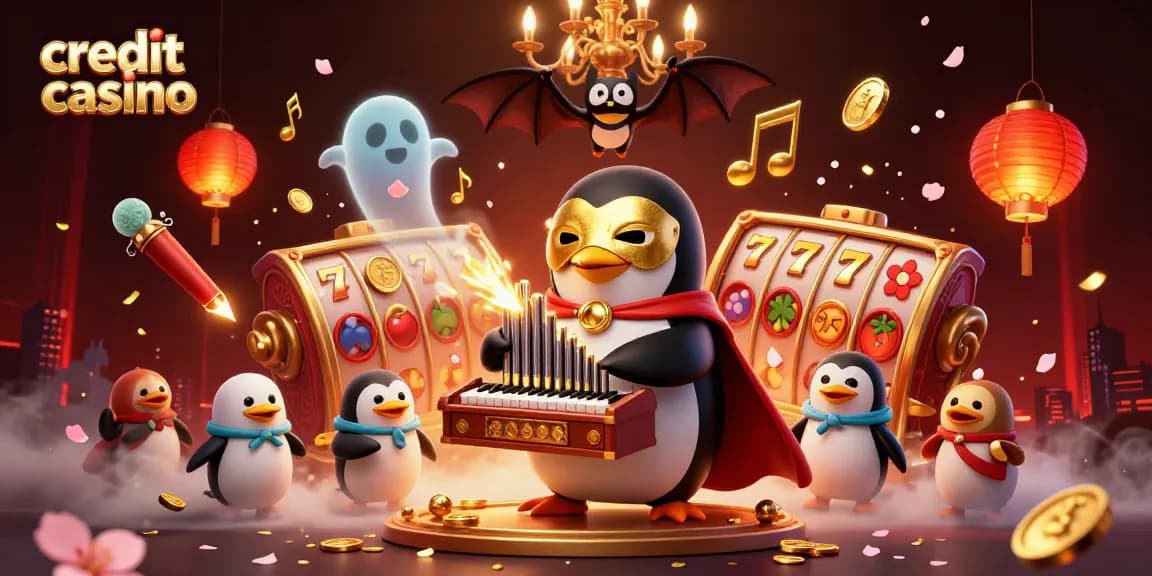Engage with the vibrant credit card casino scene featuring a penguin organist amidst slot games and celebratory elements.