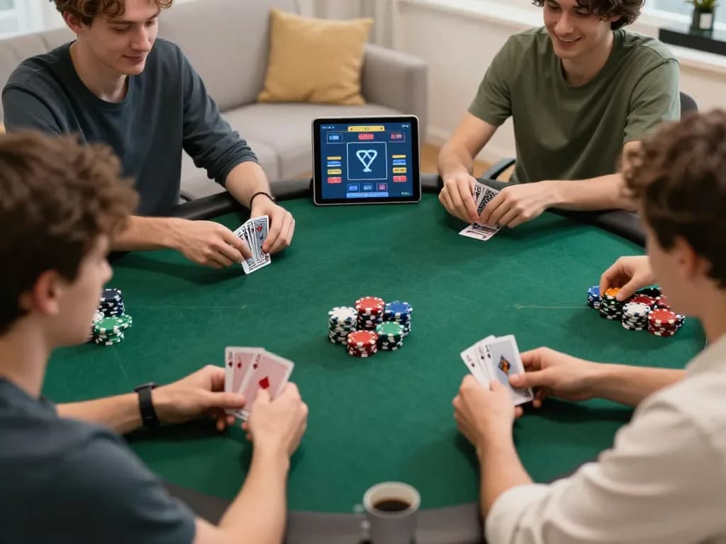 Engaged players participating in online poker at AE888 COM, showcasing vibrant gameplay and a modern home setting.