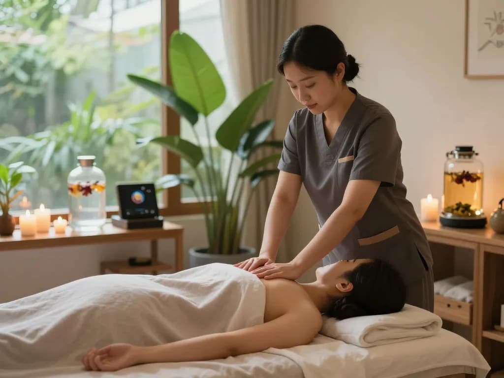 차분한 요소와 자연광이 있는 평화로운 스파 환경에서의 신사동마사지 세션.