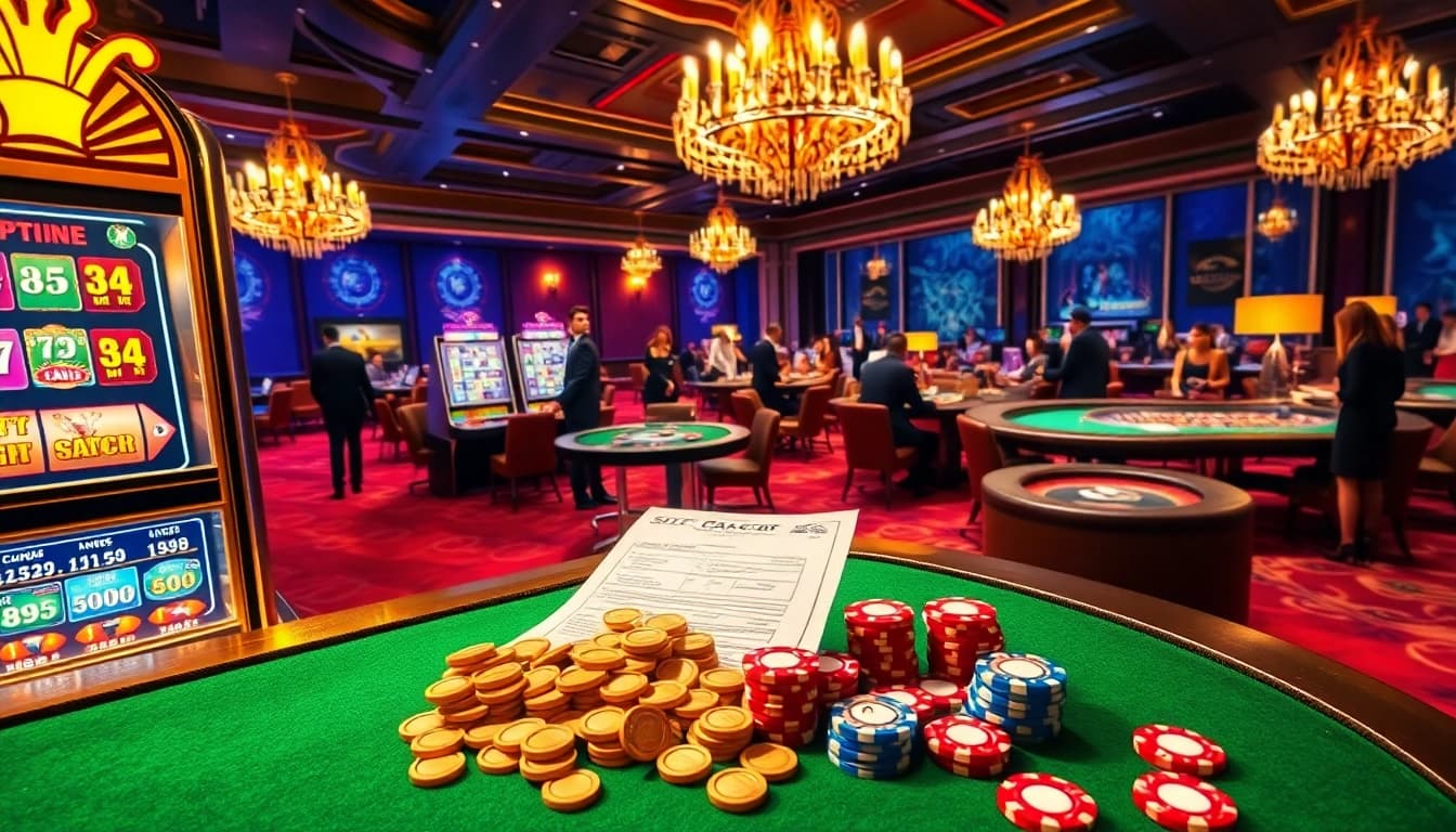Slot Gacor excitement at a luxury casino with vibrant players and busy tables.