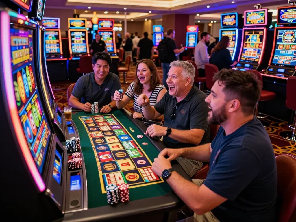 Exciting group of players engaged at a link slot machine in a vibrant casino atmosphere.