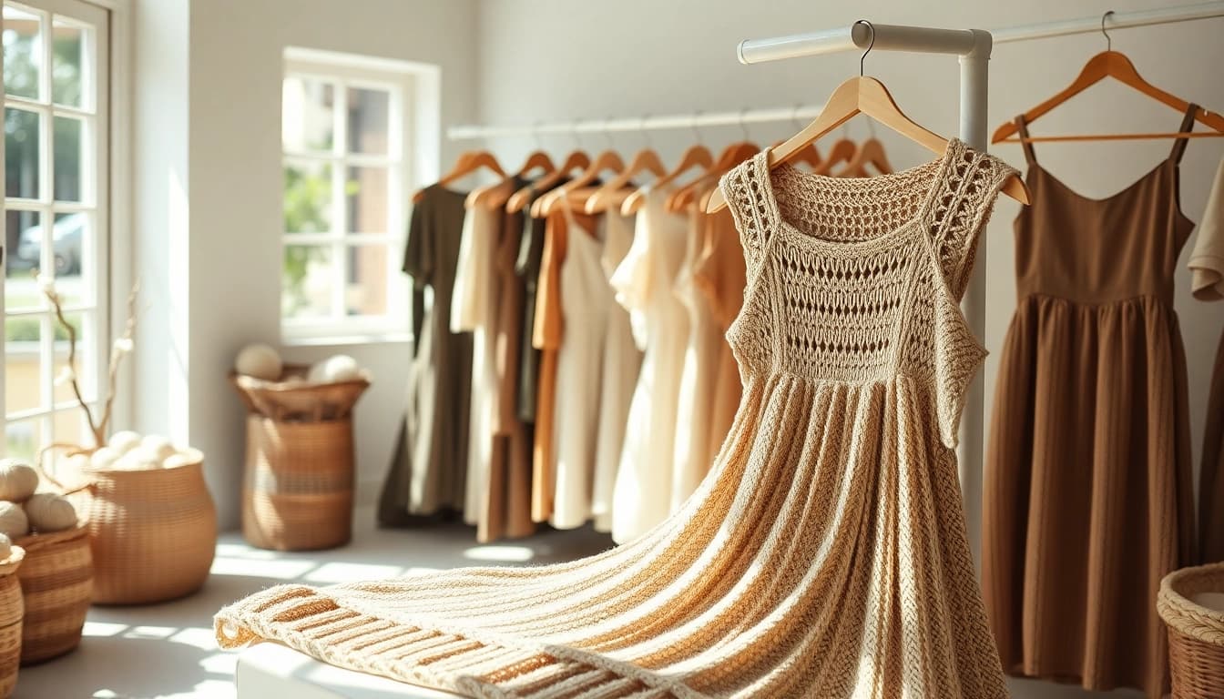 Explore https://www.ound-ound.com handcrafted clothing in a sunlit boutique showcasing sustainable fashion.