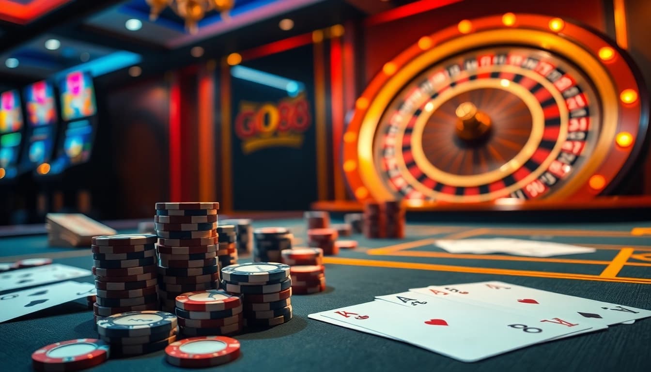 A thrilling gaming scene showcasing exciting gambling elements while inviting users to tải go88 for ultimate online play.
