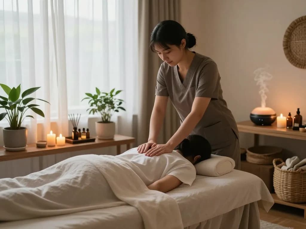 Experience peaceful 인계동마사지 in a relaxing therapy room with candles and plants.