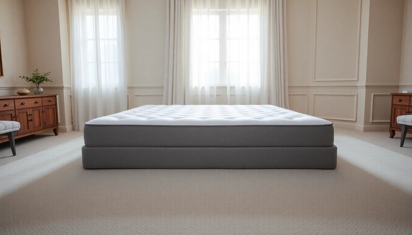 Showcase of the Stearns and Foster low profile box spring in a serene bedroom setting with elegant decor.