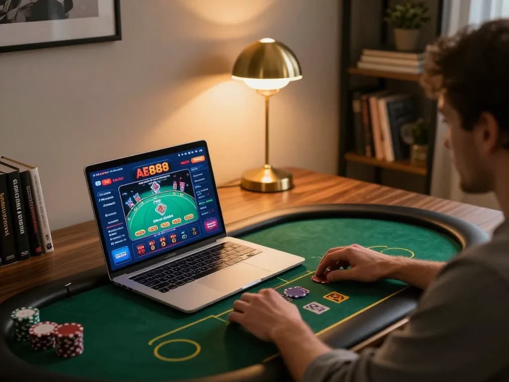 Engaged online gaming experience on AE888 COM featuring diverse casino games in a modern home office
