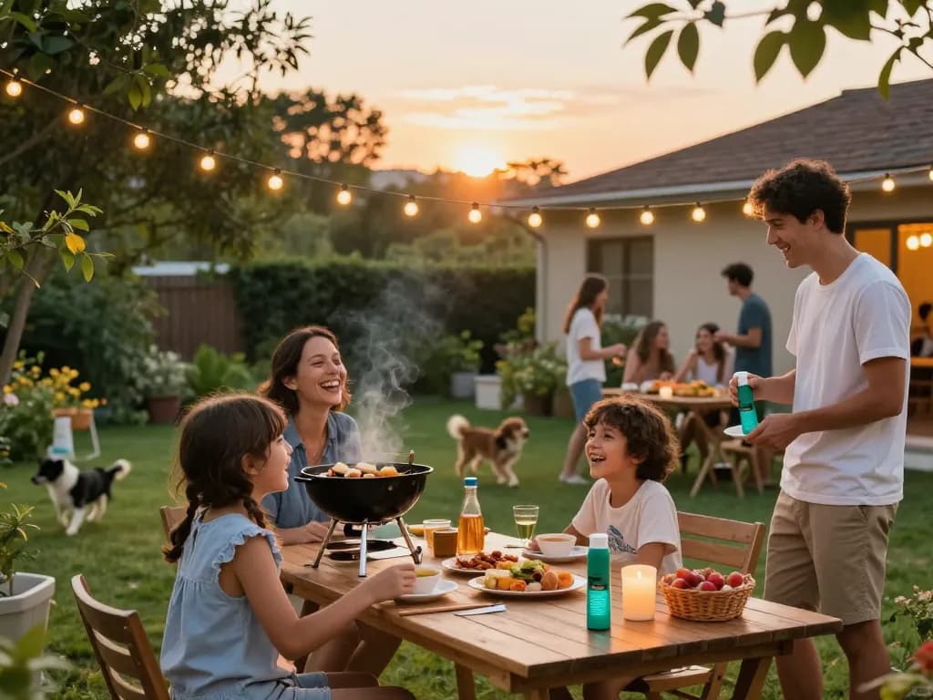 Family enjoying a backyard barbecue with mosquito repellent products for protection.