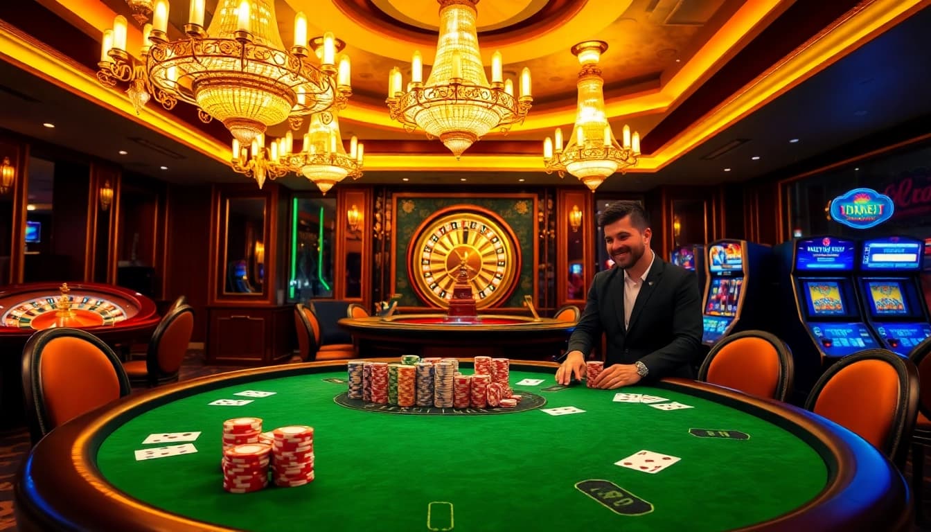Experience the excitement of 188bet with a luxurious casino scene featuring poker and roulette.